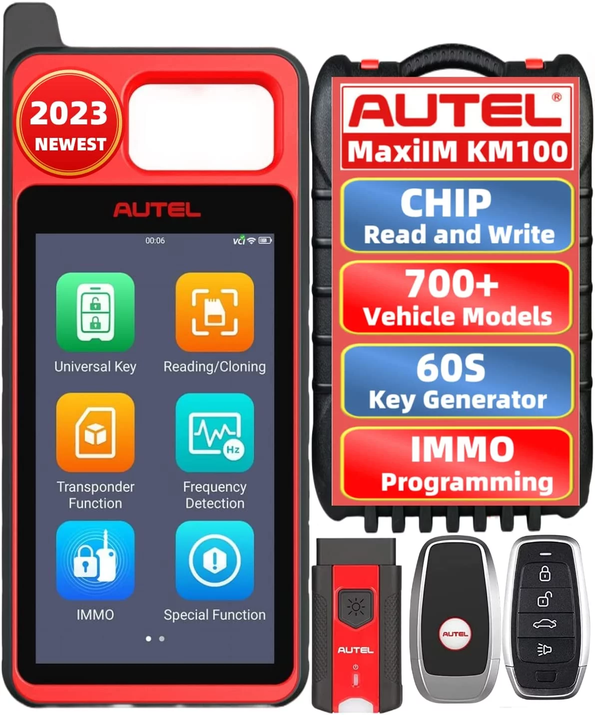 Autel MaxiIM KM100 Key Fob Programmer Immobilizer Tool with 2pcs Blank IKEY 60s Key Generation OBD IMMO/Key Learning Transponder Editing Chip Read/Write/Clone Frequency Detection Lite IM508 IM608 PRO