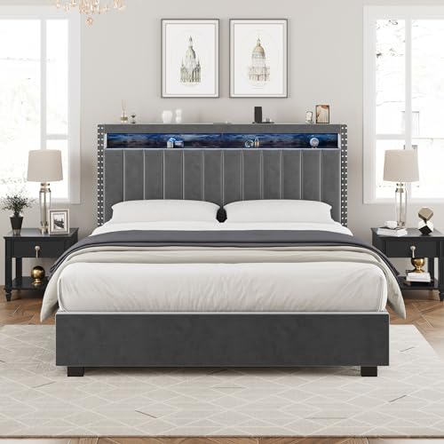 Full Size Lift Up Storage Bed,Bookshelf Frame with Led Light & USB Charging Port,Upholstered Platform Bed,Hydraulic System Smart Bed,Easy to Assemble Noiseless (Blue, Full)