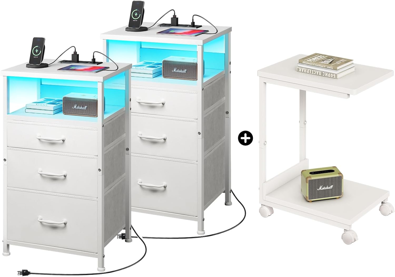 Nightstand with Charging Station Set of 2, LED Night Stand with3 Fabric Drawers + C Table with 2-Tier Storage Shelf