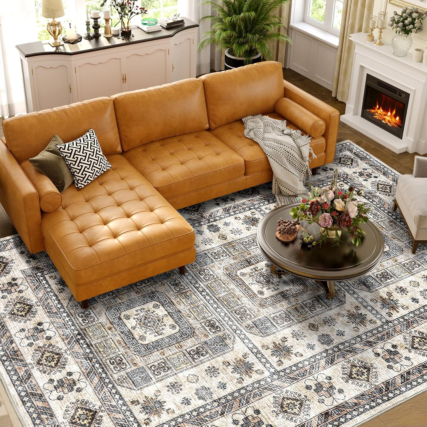 Vintage Washable Rug，8x10 Boho Area Rug for Living Room, Bedroom, Kitchen, Soft Non-Slip Foldable Indoor Rug, Sandy