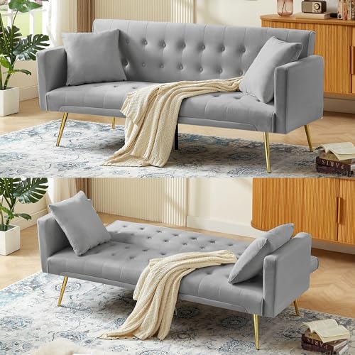 Modern Velvet Futon Sofa Bed, Convertible 3 Adjustable Couch Loveseat with 2 Pillows, Folding Upholstered Sleeper with 5 Metal Leg for Living Room Apartment Office Bedroom (Pink)