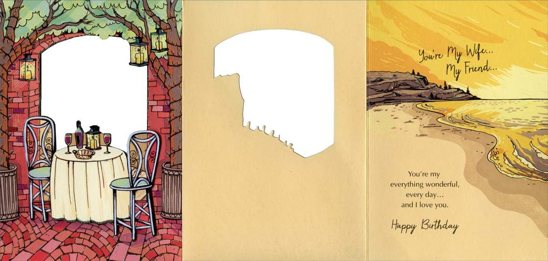 Designer Greetings Table, Chairs and Die Cut Window Showing Beach Tri Fold Birthday Card for Wife