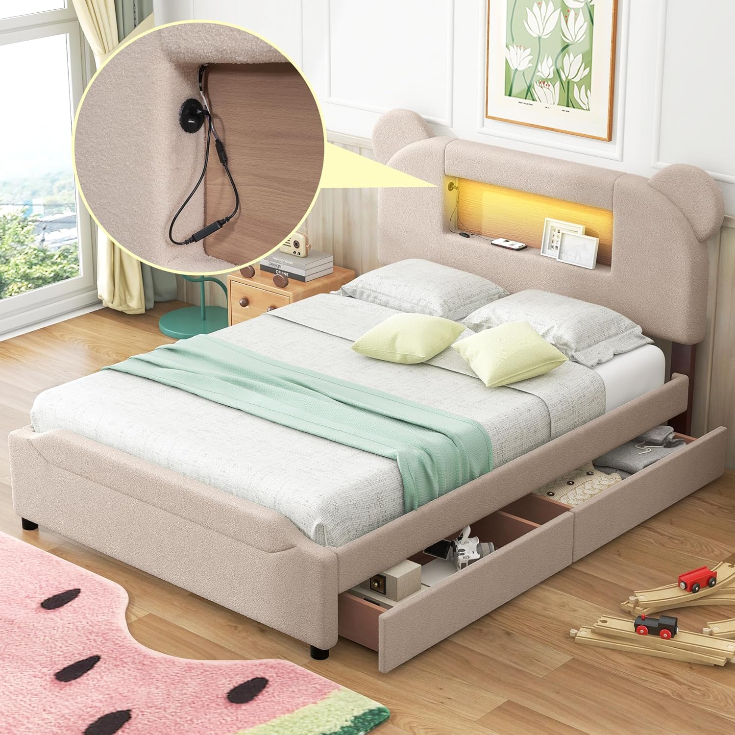 Full Bed Frame with LED Light Headboard and Storage Drawers, Fleece Upholstered Platform Bed with Bear Shaped Headboard and USB Charging Port, No Box Spring Needed, Beige