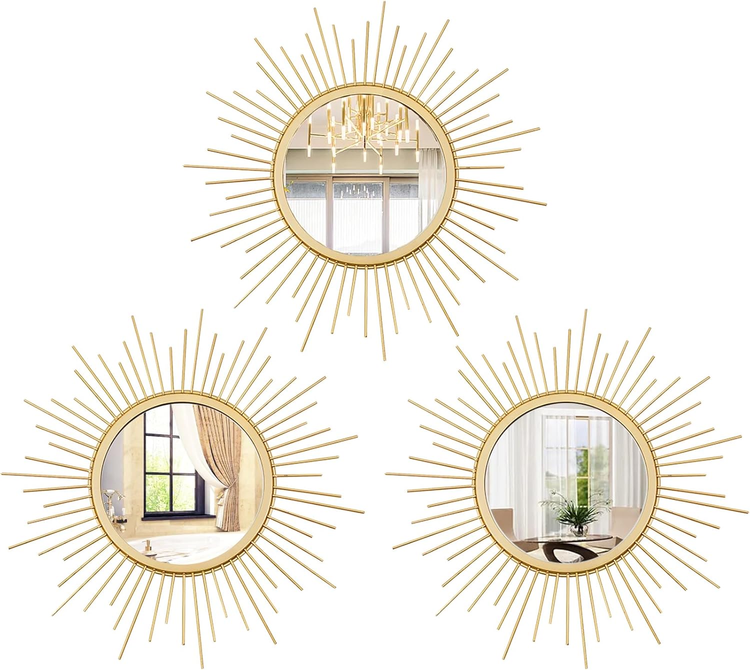 Cityelf 3 Set Gold Sunburst Mirrors for Wall Decorative Metal Mirrors Small Mirror Sets Wall Decor Hanging Mirror Wall Sculpture for Bedroom Living Room Entryway