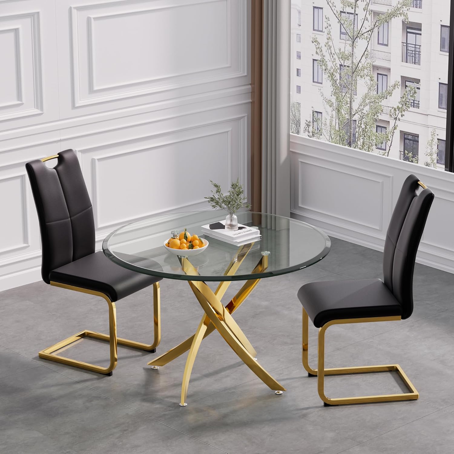 Round Dining Table Set for 2, 3-Piece Modern Glass Dining Room Set w/36in Round Dining Table & 2 PU Leather Chairs, Space-Saving Kitchen & Dining Room Set for Home, Living Room,Small Space, Gold Leg
