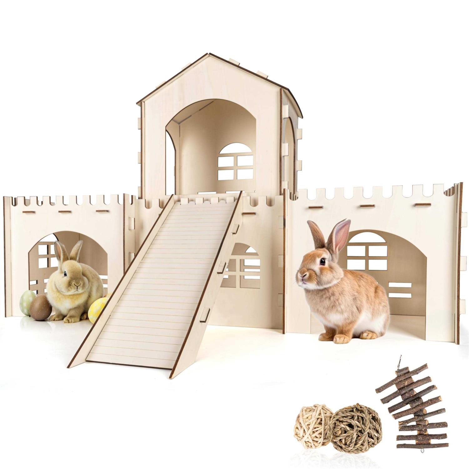 Cour Pets Large Rabbit Castle & Chew Toys Set of Wooden Rabbit Hideout with 3 Chew Toys & Staircase - Pet Supplies online store
