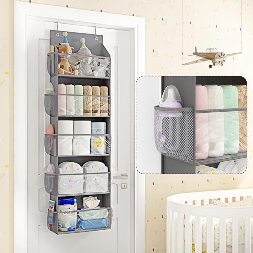 Fixwal Over The Door Hanging Pantry Organizer 5-Shelf Room Organizer with Clear Plastic Pockets Behind The Door Storage Organizer Large Capacity Organizer for Closet Bedroom Bathroom (Grey)
