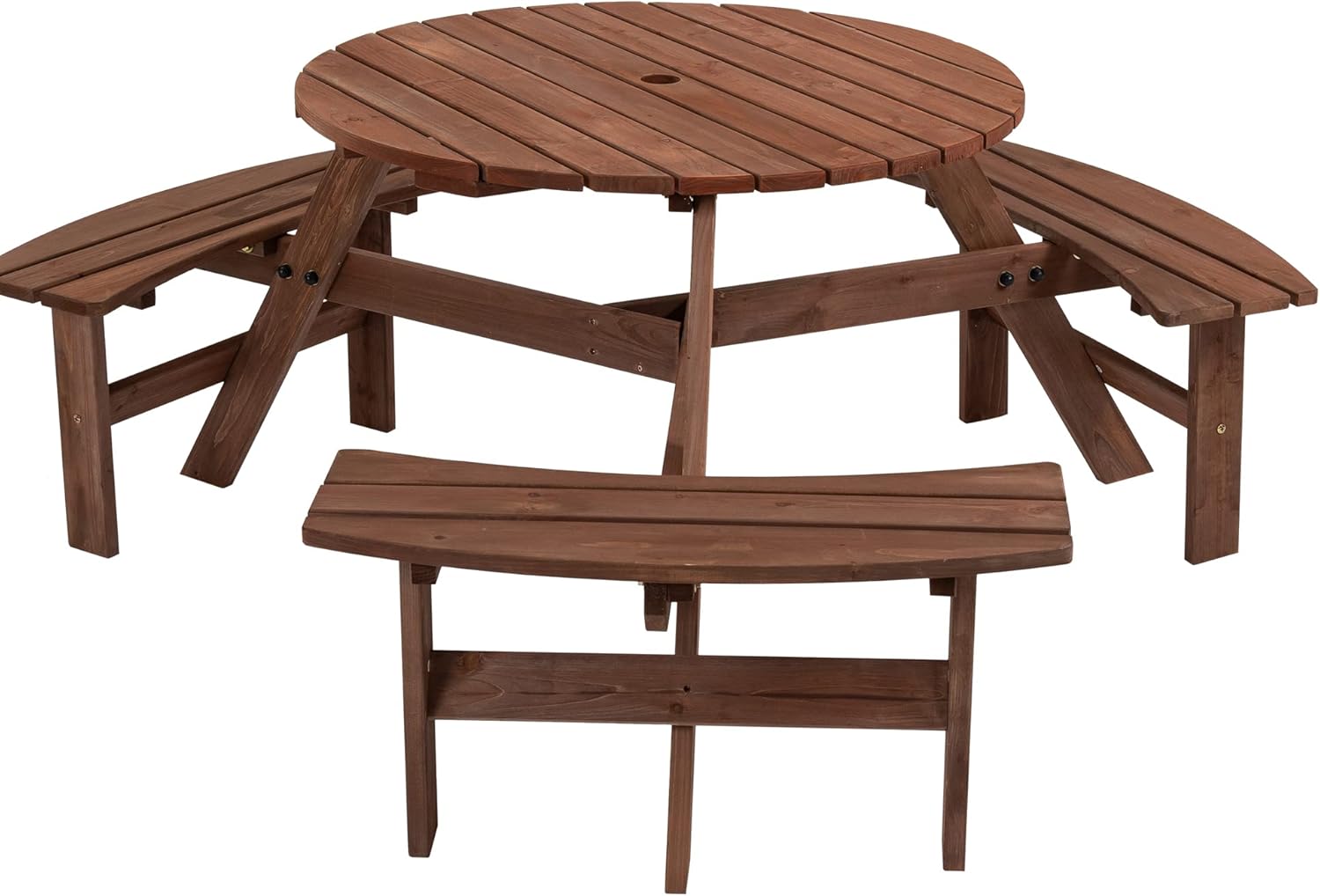 6-Person Outdoor Round Picnic Table,Circular Outdoor Table and Chairs,Outdoor Round Table,Wooden Picnic Tables for Outdoors,Patio Picnic Table with 3 Built-in Benches,1720lb Capacity - Brown