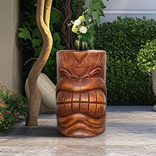 SKYFIRE Tiki Face Faux Wood Stump - The Grand Tiki Face Kanaloa Teeth Indoor Outdoor Side Table Statue for Garden, Patio, Backyard, Lawn, House, Office Decor -19.6