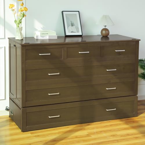 Murphy Bed Chest with Trifold Memory Foam Mattress, Cabinet Bed with USB Charging Station, Queen Murphy Cube Cabinet Bed with Large Storage Drawer for Bedroom/Living Room/Office (Cherry)