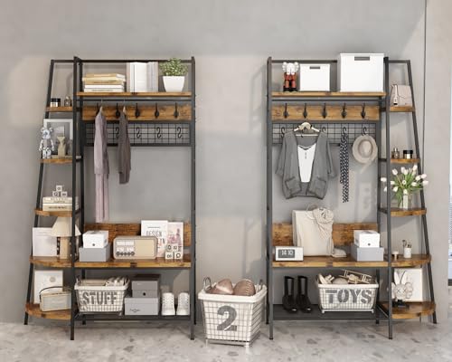 AWQM Modern Versatile Hall Tree with 5 Fixable Hooks and 5 Mobile Hooks, Coat Rack Stand with 5 Tier Open Storage Reversible Fan Side Shelf, Entryway Shoe Bench with Top Display and Hanging Rod