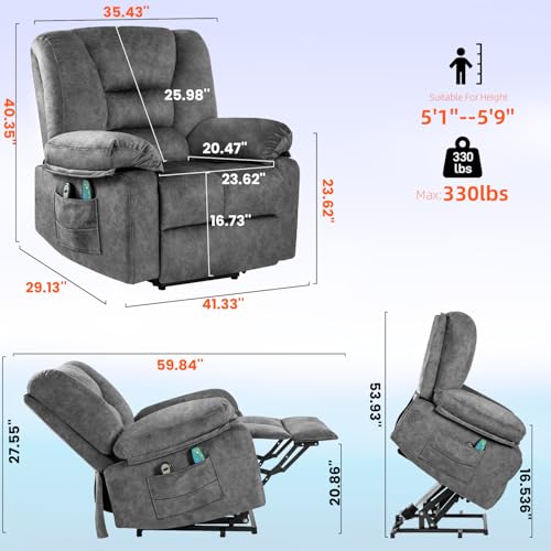 Oversized Recliner Chair for Adults with 8 Points Electric Massage & Heat,Power Lift Boy Lazy Adjustable Velvet Recliner Chairs for Elderly 2 Side Pockets Dual Motors Lay Flat 150°,Grey