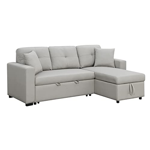 AC Pacific June Modern Contemporary Pullout Sectional Sleeper Sofa with Reversible Lounge Chaise and Storage Compartment with 2 Throw Pillows, Beige