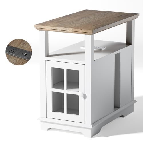 HIFYOBRO Movable End Table with Charging Station/Electric Fireplace/Storage/Wheels, Side Table for Indoor Use (White)