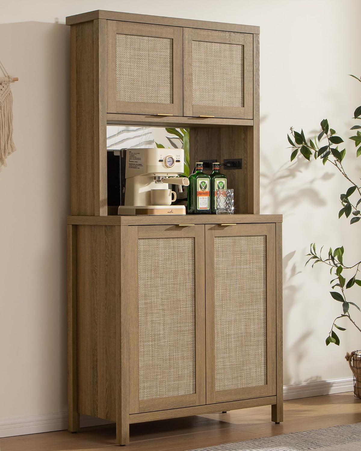 SICOTAS Rattan Pantry Kitchen Storage Cabinet: Tall Pantry Cabinet with Rattan Door, Steel Mirror, Power Outlet, Boho Large Freestanding Cupboard Wood Cabinet for Kitchen, Dining Room, Natural Oak