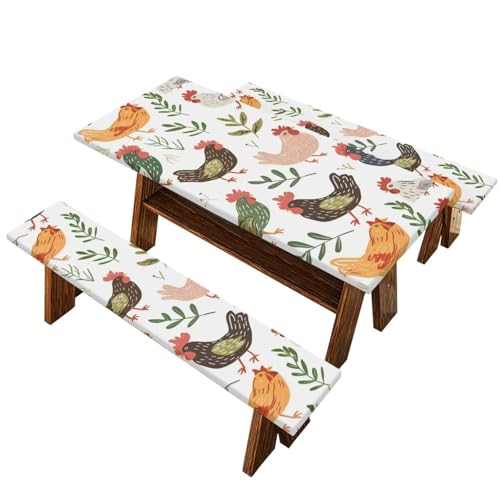 Cute Chicken Picnic Table Cover with Bench Covers Camping Essentials Fitted Tablecloth Fitted Rectangle Tables and Seats with Elastic for Outdoor,Picnic,Camping