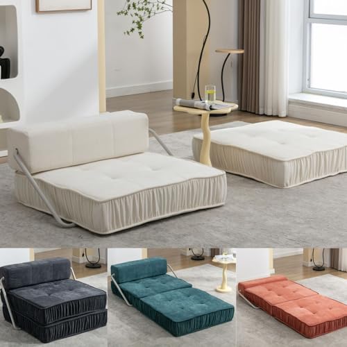 [2024 New] 37-Inch Modular Floor Sofa Bed Couch, Chenille Sectional Convertible Sofa Bed with Spring Mattress, Foldable Couch Bed, Accent Armless Floor Couch with Removable Back Cushion-White