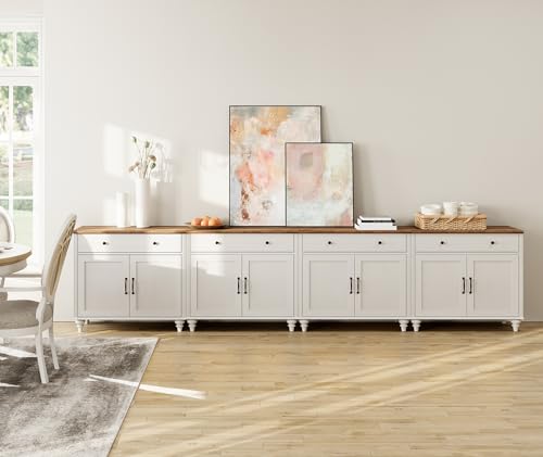 WAMAPT Buffet Cabinet with 8 Doors and 4 Drawers, Large Coffee Bar Tables Wood Kitchen Storage Cabinets, Modern Farmhouse Sideboard Credenza for Dining Room, Off White, 136 inch