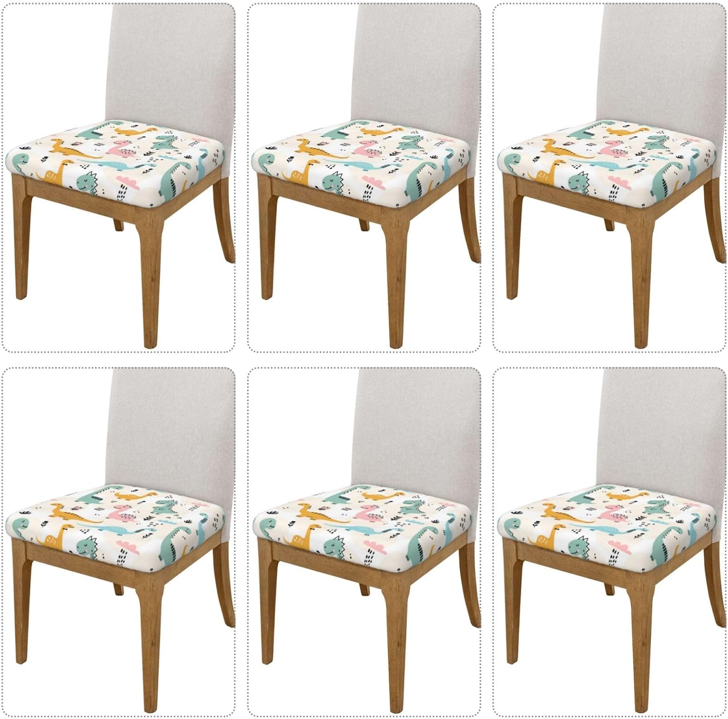 Chair Seat Covers 6pcs for Dining Room Cute Dinosaur Pattern Funny Chair Slipcovers for Office Kitchen Party Bar 16.9