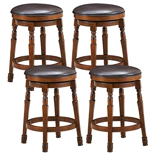 COSTWAY Backless Bar Stools Set of 4, 24-Inch Counter Height Round Stool with 360° Swivel Cushioned Seat, Soft PU Leather Barstool with Sturdy Natural Rubber Wood, Easy Assemble for Home Pub Cafe