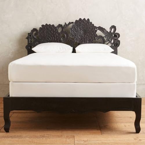 Handmade Carved Queen Size Bed Frame Home Decor Sunflower Bed Frame, Wall Mounted Hanging Wooden Panels, Hand Carved Mango Wood Furniture, Rustic Black Color
