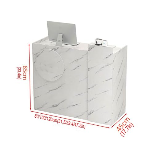 Compact standing reception counter，Wooden computer desk reception table with diverse storage，Office front desk reception suitable for various settings，Salon reception desk with counter(White marble,80