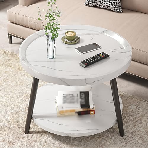 Round Coffee Table, Small Modern Coffee Table Simple Center Tables for Living Room, Living Room Table with 2-Tier Storage Shelf, for Home Office, Living Room (Color : White)