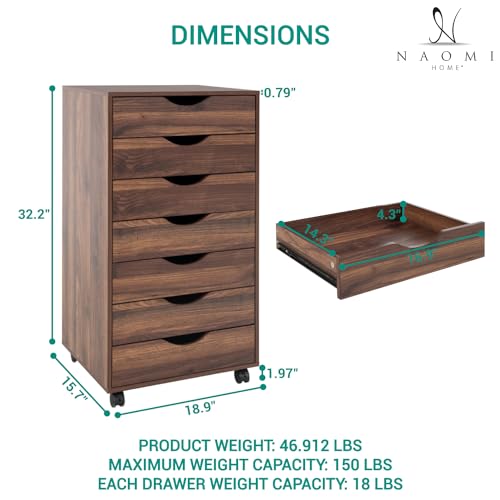 Naomi Home Debbie 7-Drawer Office Storage File Cabinet on Wheels, Mobile Under Desk Filing Drawer Unit, Craft Storage Organization for Home, Office Black