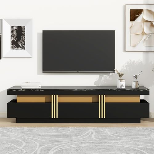 TV Stand for Up to 80 Inch TV, Entertainment Center with 3 Cabinets & Open Shelves and Drop Down Door, Modern Media TV Console Table for Living Room, Bedroom, Wood+Dark Grey