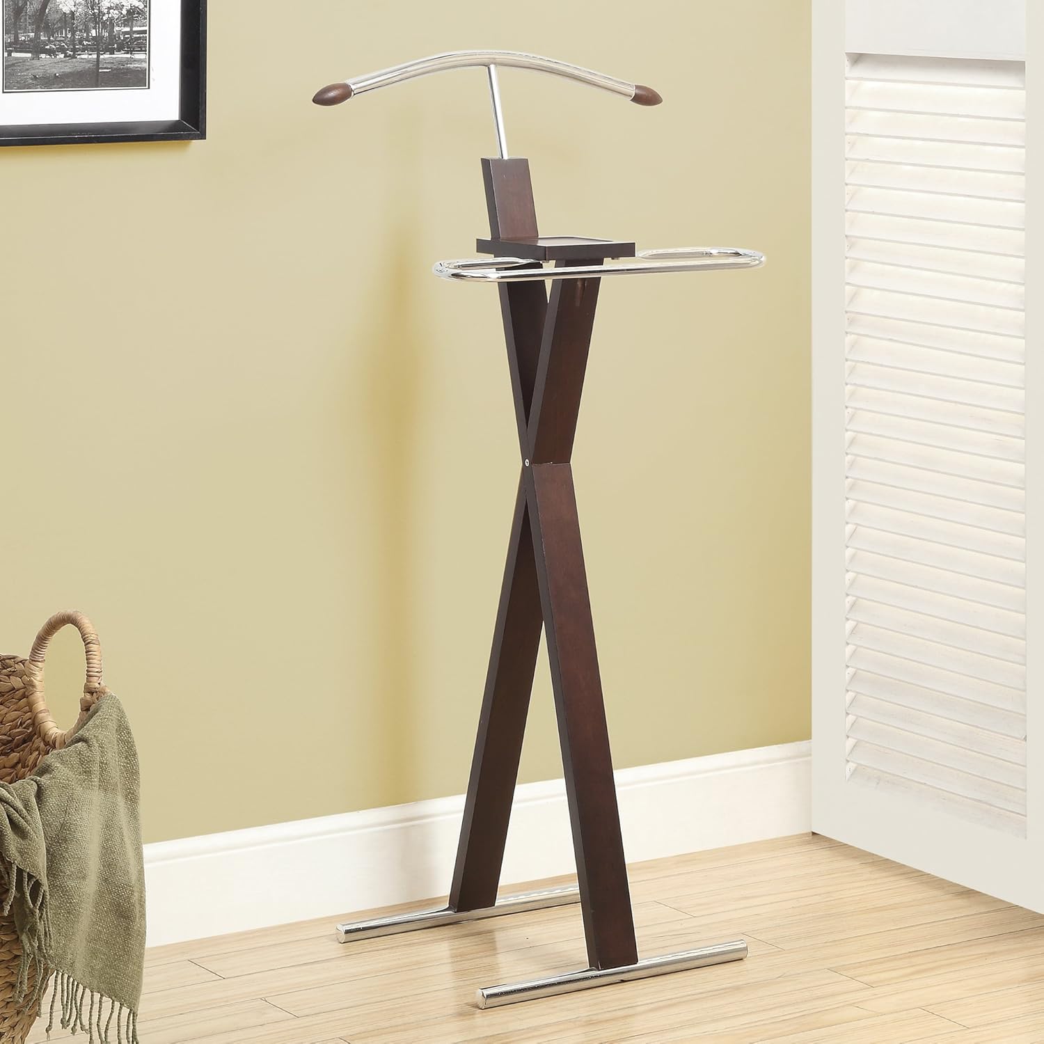 Monarch Specialties 2024 Valet Stand, Organizer, Suit Rack, Bedroom, Wood, Metal, Brown, Chrome, Contemporary, Modern Accent Espresso, 21