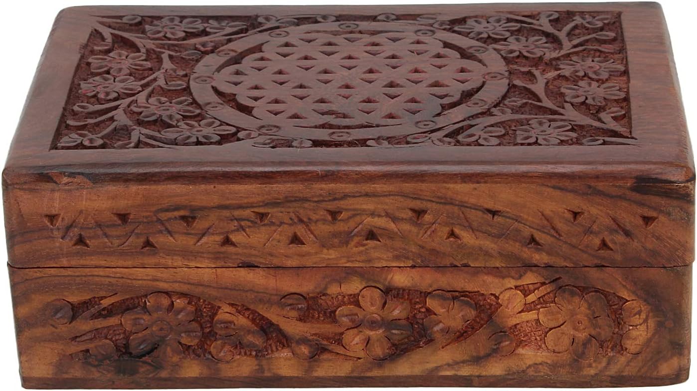 Ajuny Handmade Wooden Jewelry Box for Women - Floral Pattern Hand Carved, Solid Multipurpose Keepsake Storage Travel Organizer | Vintage Decorative Chest Trinket Holder Gift 7x5 Inch