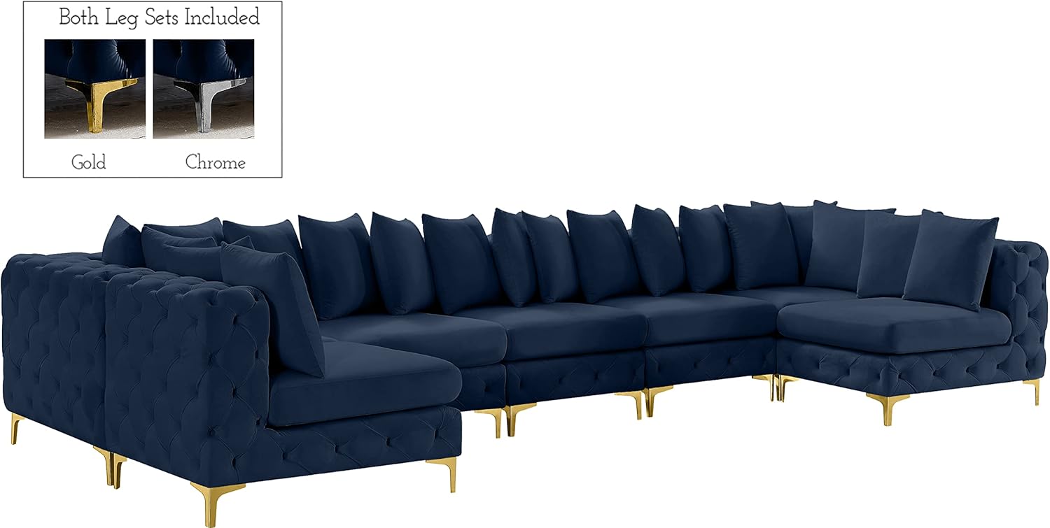 Meridian Furniture Tremblay Collection Modern | Contemporary Velvet Upholstered Modular Sectional, 8 Piece, Navy