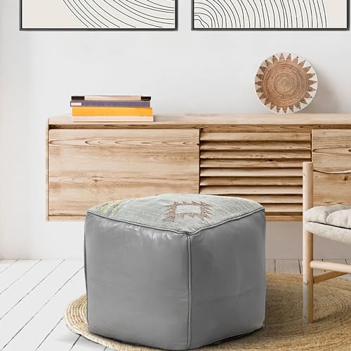 Pre-Filled 18 inch Square Pouf, Moroccan Handmade Ottoman, Hassock, Footstool, Stuffed, Cactus Silk Sabra and Genuine Leather, Boho, Bohemian, Vintage (Gray/Gray Patterned, Stuffed)