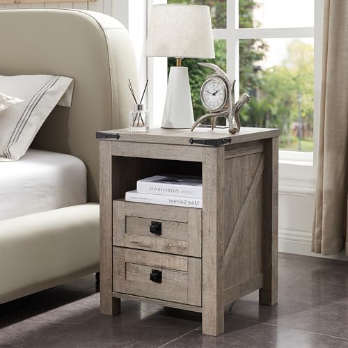RedLemon Farmhouse Nightstand with Charging Station, Rustic 18 Inch End Table with 2 Storage Drawers and Open Shelf, Wood Sofa Side Table for Bedroom, Living Room (Antique Brush White)