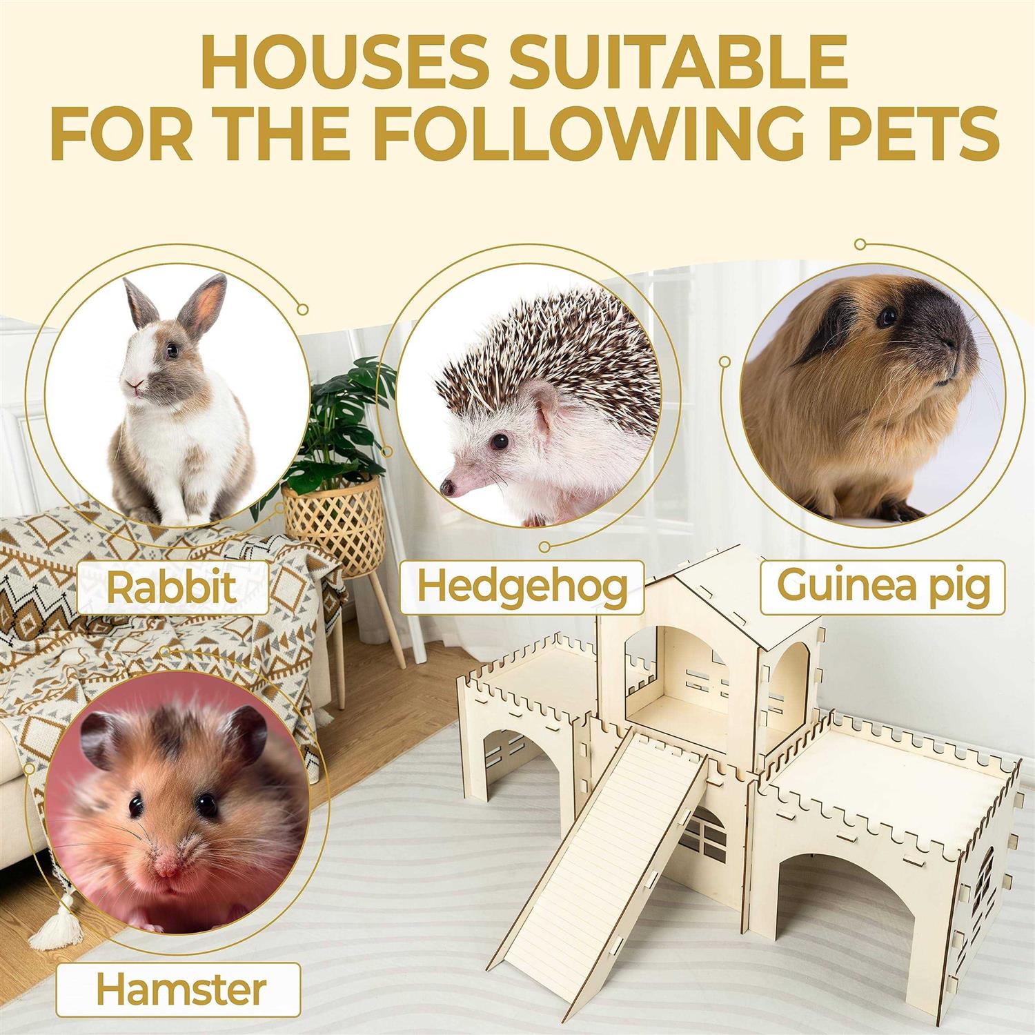 Cour Pets Large Rabbit Castle & Chew Toys Set of Wooden Rabbit Hideout with 3 Chew Toys & Staircase - Pet Supplies online store