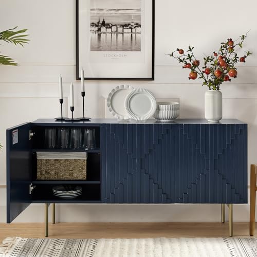 HULALA HOME Sideboard Buffet with Three-Dimensional Door Molding, 58“ TV Stand with Cable Management Design(Navy)