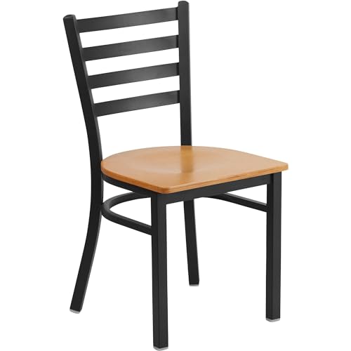 Flash Furniture HERCULES Series Black Ladder Back Metal Restaurant Chair - Natural Wood Seat
