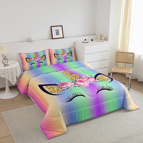 Smiling Eyelashes Princess Girly Comforter Set Full Size,Glitter Dreamy Bedding Set 3pcs for Kids Girls Adults Room Decor,Purple Gradient Glitter Quilt Set,Romantic Cute Duvet Insert,2 Pillowcases