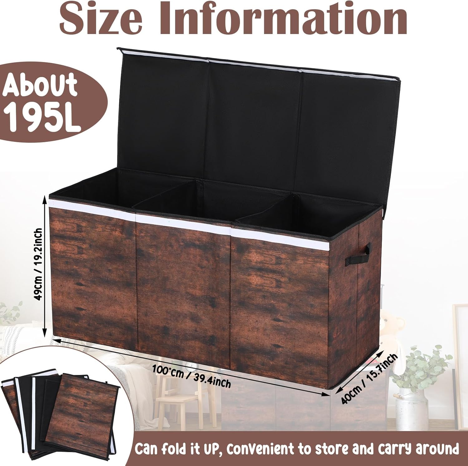 Imitation Wooden Storage Chest Rustic Wood Print Storage Benches with Lid and Handles Toy Box 39.4 x 15.7 x 19.2 Inch Non Woven Toy Storage Organizer Easy Assembly for Playroom Bedroom