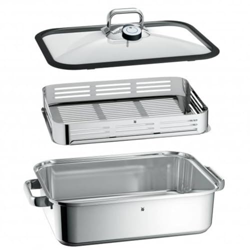 WMF Vitalis Compact steam Cooker/Roaster, with Glass lid, Cooking Thermometer, Cooking Plate, Cromargan Stainless Steel, Suitable for Induction