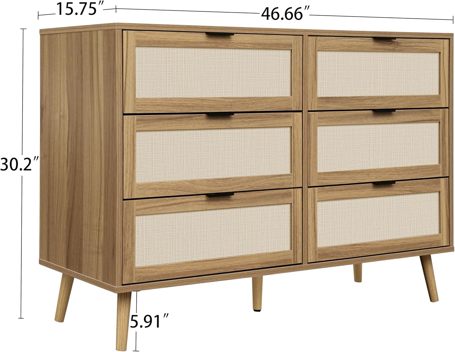 Dresser,Modern Cannage Rattan Chest with 6 Drawers,Wood Storage Cabinet Sideboard for Bedroom, Living Room, Entryway, Hallway(Walnut)