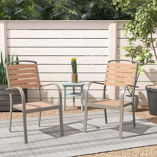 SUNSITT Patio Dining Chairs Set of 4, Aluminum Outdoor Dining Chairs with Faux Wood Slats, All-Weather Stackable Patio Chairs w/Armrests for Lawn, Porch, Garden and Deck, Teak