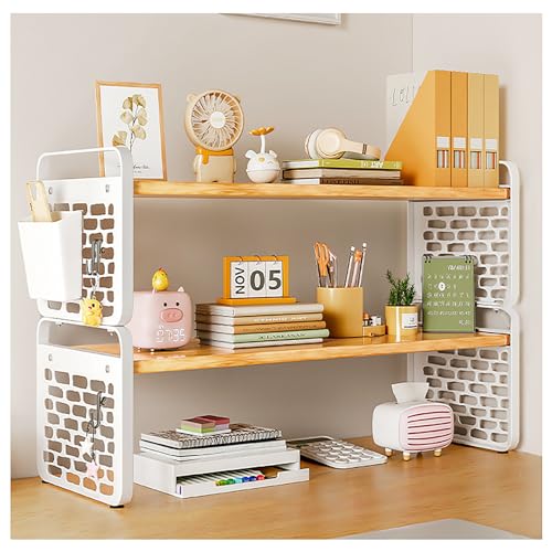 3 Tier Desk Hutch Desktop Bookshelf Organizer Desk Hutch Top Only Computer Desktop Bookcase Countertop Storage Hutch Display Rack Table Top Shelves for Desk,White,2 Tier