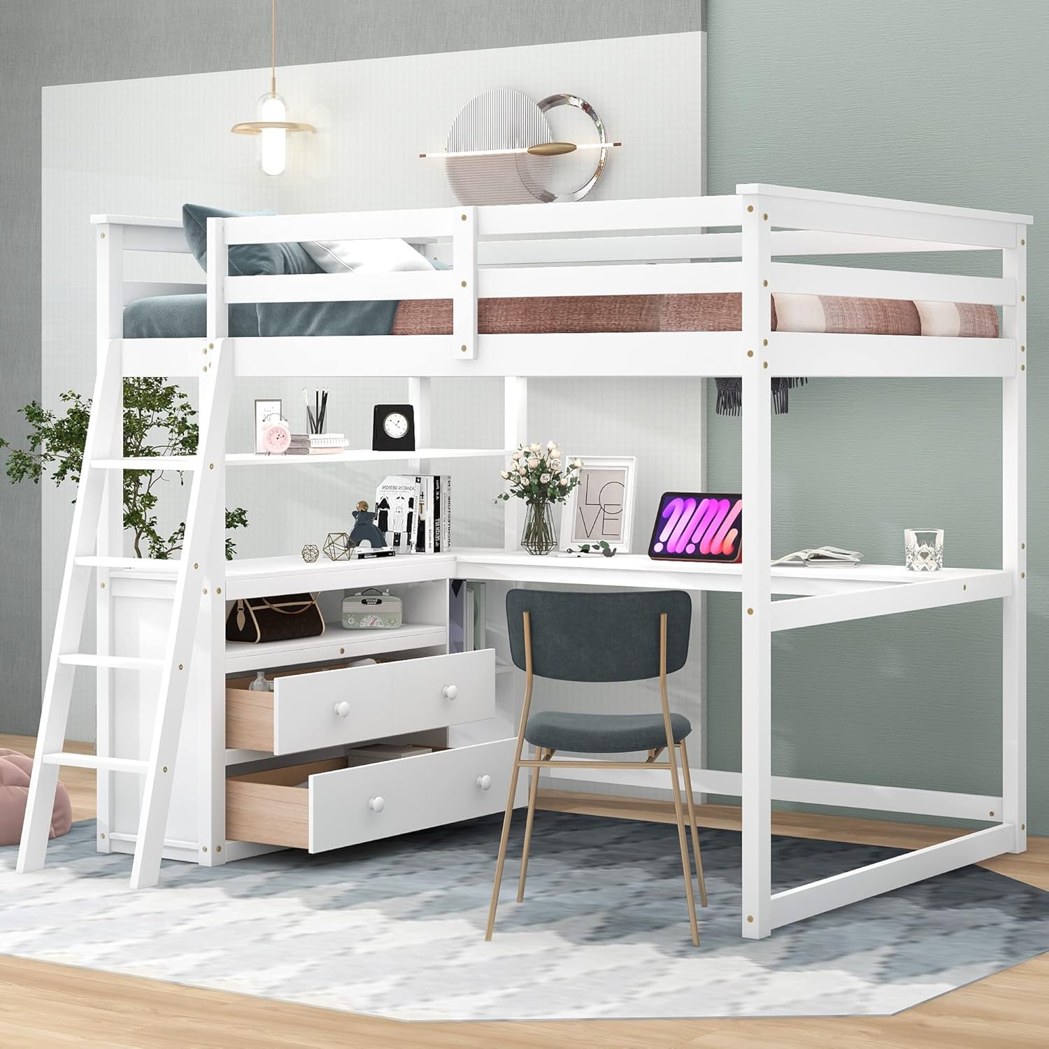 Merax Full Size Loft Bed with Desk, Wood Frame with Shelves & Drawers, Inclined Ladder Design, White