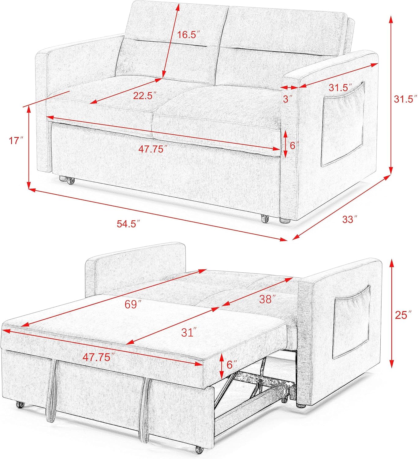 3 in 1 Convertible Sleeper Sofa Couch with Pull Out Bed,Small Futon Loveseat Lounge Chaise with Reclining Backrest and Armrest,Soft Upholstered Love Seats RV Furniture for Living Room