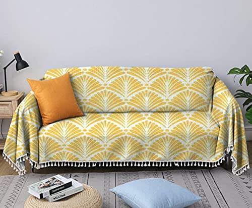 Sofa Towel Art Deco inspired with stylized palm leaf shape motif in golden yellow Cover Chair Slipcovers Cotton and Linen Weaving Tassel Soft Non-Slip Decoration Blanket Background Furniture Protector