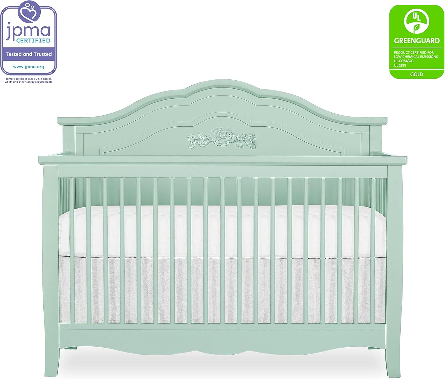 Rose 4-in-1 Convertible Crib in Seafoam Green, Baby Crib with Spindles, Greenguard Gold Certified, Easy Assembly, Sustainable New Zealand Pinewood