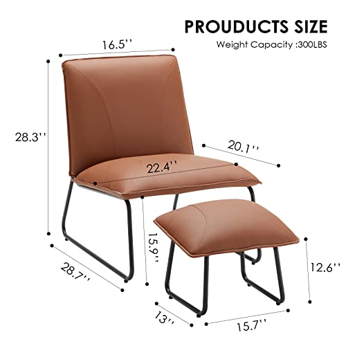 Modern Accent Chair, Living Room Chair with Footrest, Faux Leather Waterproof Fabric Armless Accent Chairs, 16″High Comfy Mid Century Modern Chair for Office Bedroom Chairs for Adults Lazy Corner