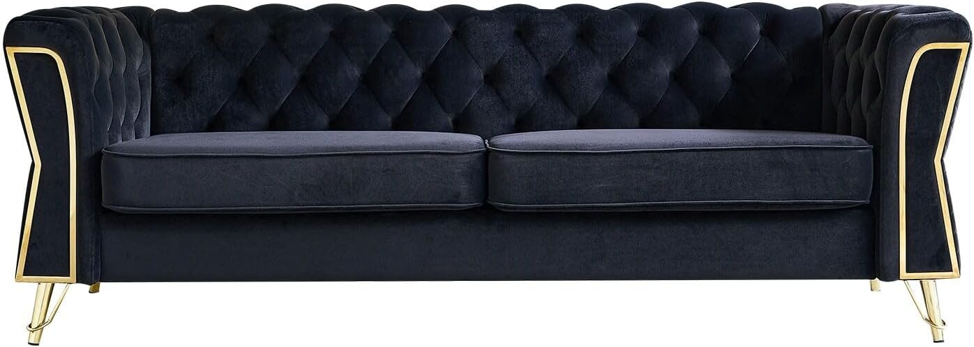 Mid-Century Black Velvet Sofa with Button Tufted Back 87.4