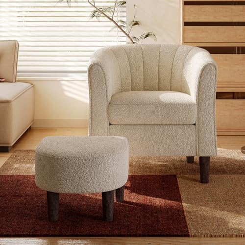 Chenille Accent Chair, Barrel Chair with Ottoman, Modern Comfy Reading Chair Armchair for Living Room Study Room Office, Orange